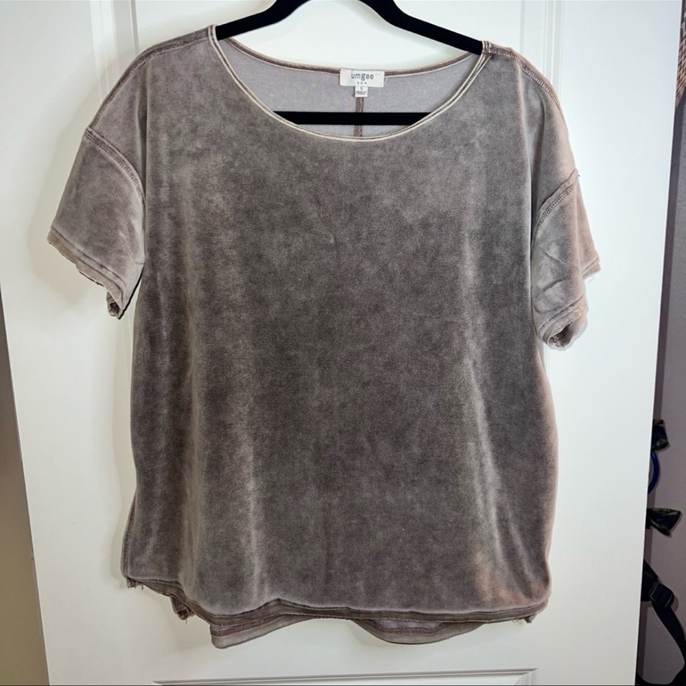 UMGEE Top Crushed Velvet Pullover Round Neck Soft Brown Gray Boho Shirt